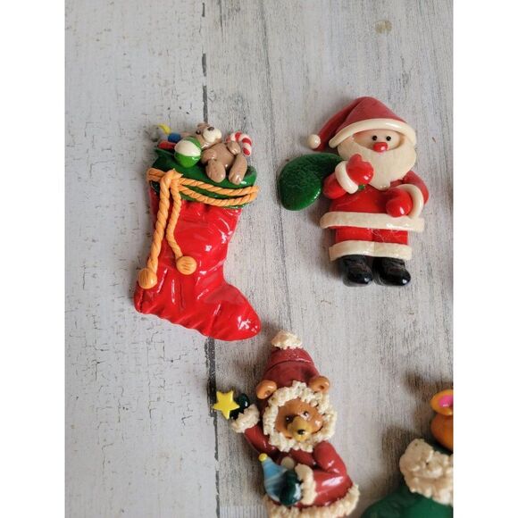 Vintage Clay Santa Claus stocking teddy bears magnet Xmas set decor - Picture 3 of 8